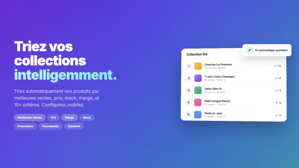 Bannière de l'application de tri automatique pour collections e-commerce.