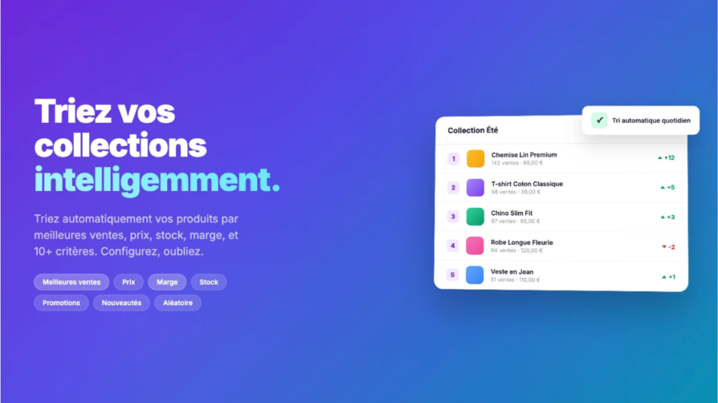 Interface de tri automatique de collections produits e-commerce