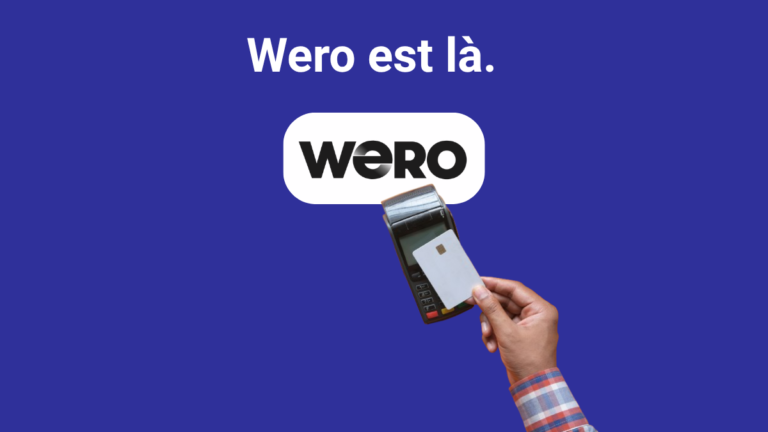 "Wero est là" affichant le logo Wero, un terminal de paiement par carte et le logo de l'agence MDWeb pour illustrer le nouveau standard de paiement e-commerce.