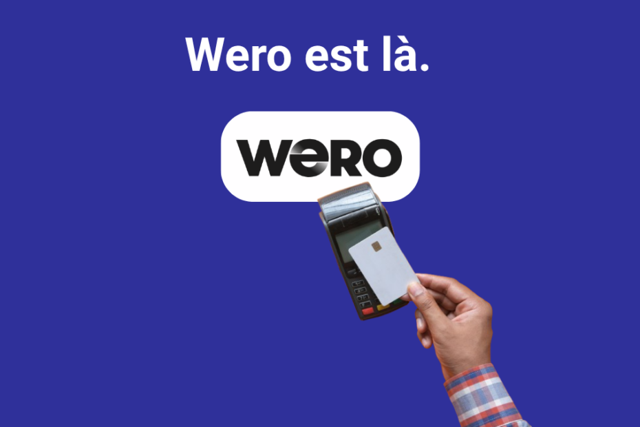 "Wero est là" affichant le logo Wero, un terminal de paiement par carte et le logo de l'agence MDWeb pour illustrer le nouveau standard de paiement e-commerce.