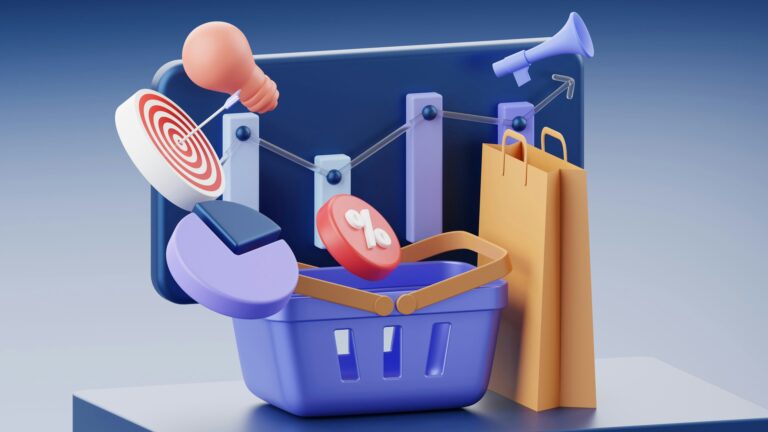 L'image montre un panier bleu, des graphiques et une cible illustrant la refonte site e-commerce.
